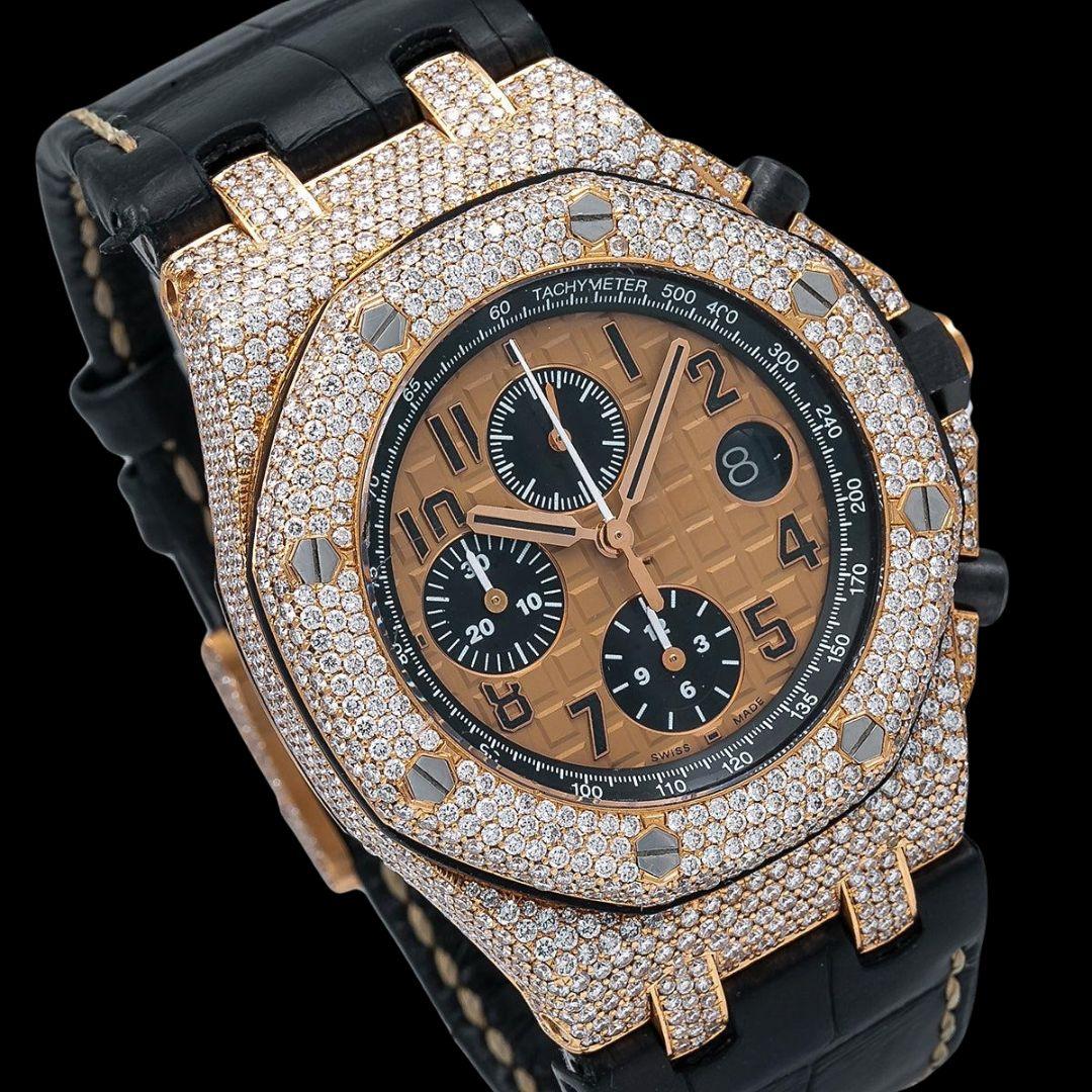 Royal Oak Offshore AP Champagne Chronograph Dial Semi Iced Out Leather Strap Watch Close Up Dial View
