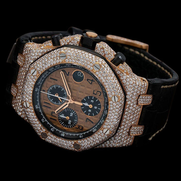 Royal Oak Offshore AP Champagne Chronograph Dial Semi Iced Out Leather Strap Watch Close Up Front View