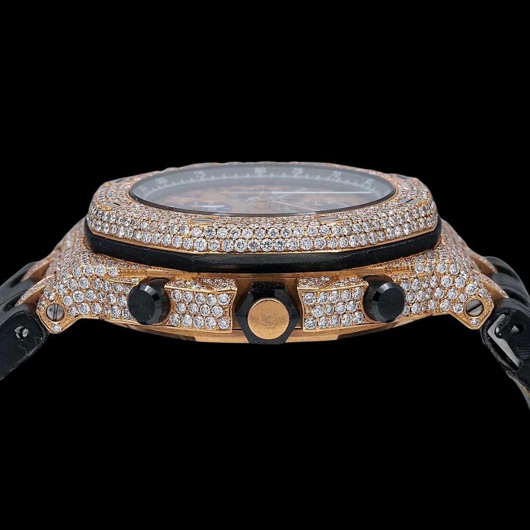 Royal Oak Offshore AP Champagne Chronograph Dial Semi Iced Out Leather Strap Watch Crown View