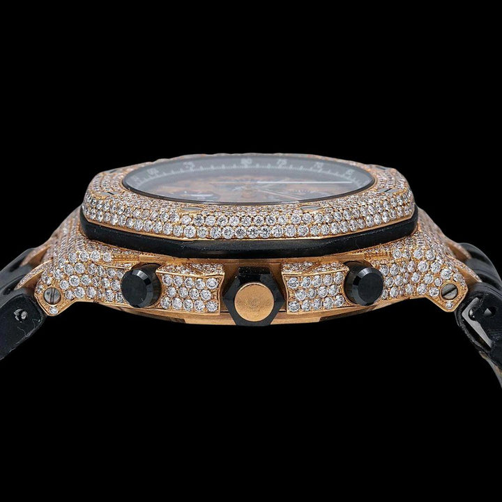 Royal Oak Offshore AP Champagne Chronograph Dial Semi Iced Out Leather Strap Watch Crown View