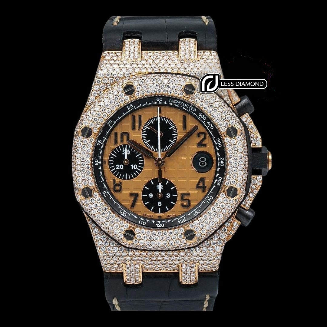 Royal Oak Offshore AP Champagne Chronograph Dial Semi Iced Out Leather Strap Watch Front View