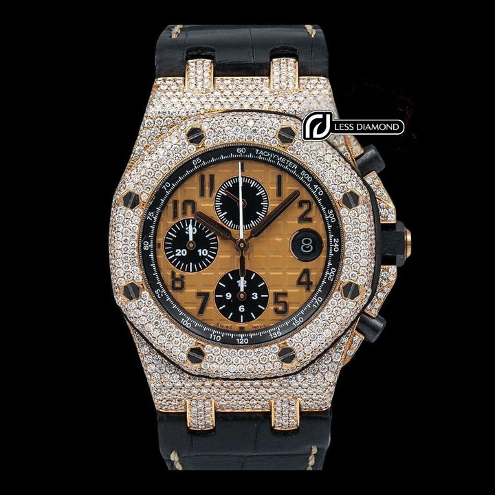 Royal Oak Offshore AP Champagne Chronograph Dial Semi Iced Out Leather Strap Watch Front View