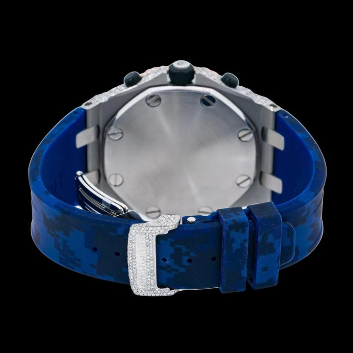Royal Oak Offshore AP Chronograph Blue Dial Blue Camo Rubber Strap Two Tone Semi Iced Out Watch Caseback View