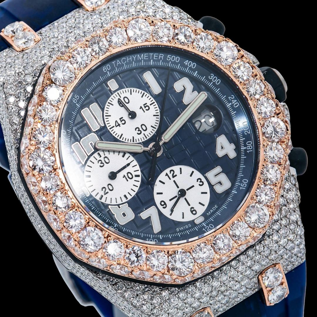 Royal Oak Offshore AP Chronograph Blue Dial Blue Camo Rubber Strap Two Tone Semi Iced Out Watch Close Up Dial View