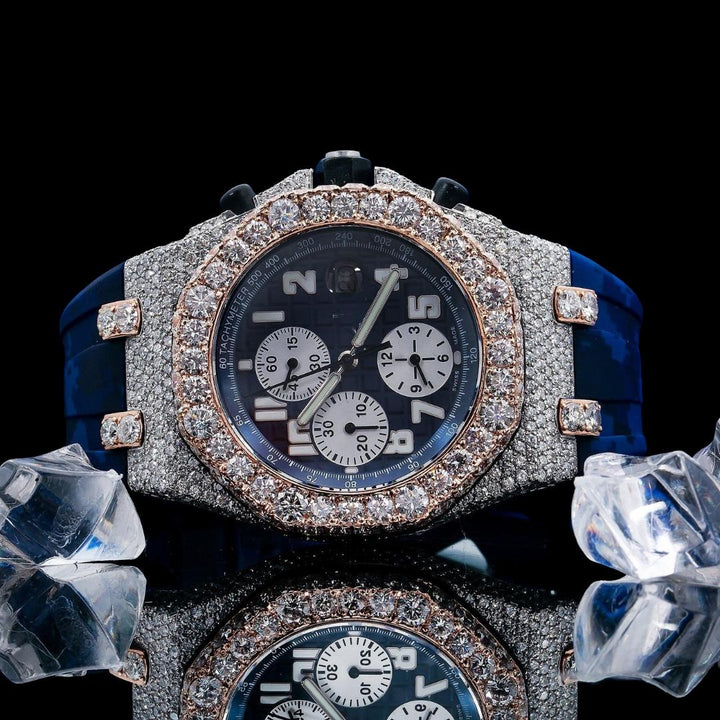 Royal Oak Offshore AP Chronograph Blue Dial Blue Camo Rubber Strap Two Tone Semi Iced Out Watch Close Up Front View