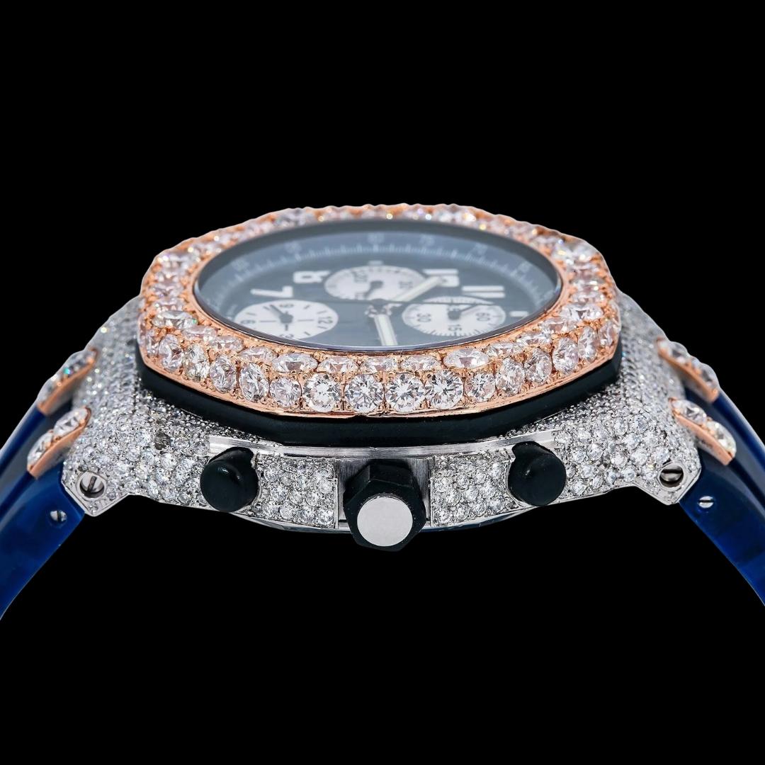 Royal Oak Offshore AP Chronograph Blue Dial Blue Camo Rubber Strap Two Tone Semi Iced Out Watch Crown View