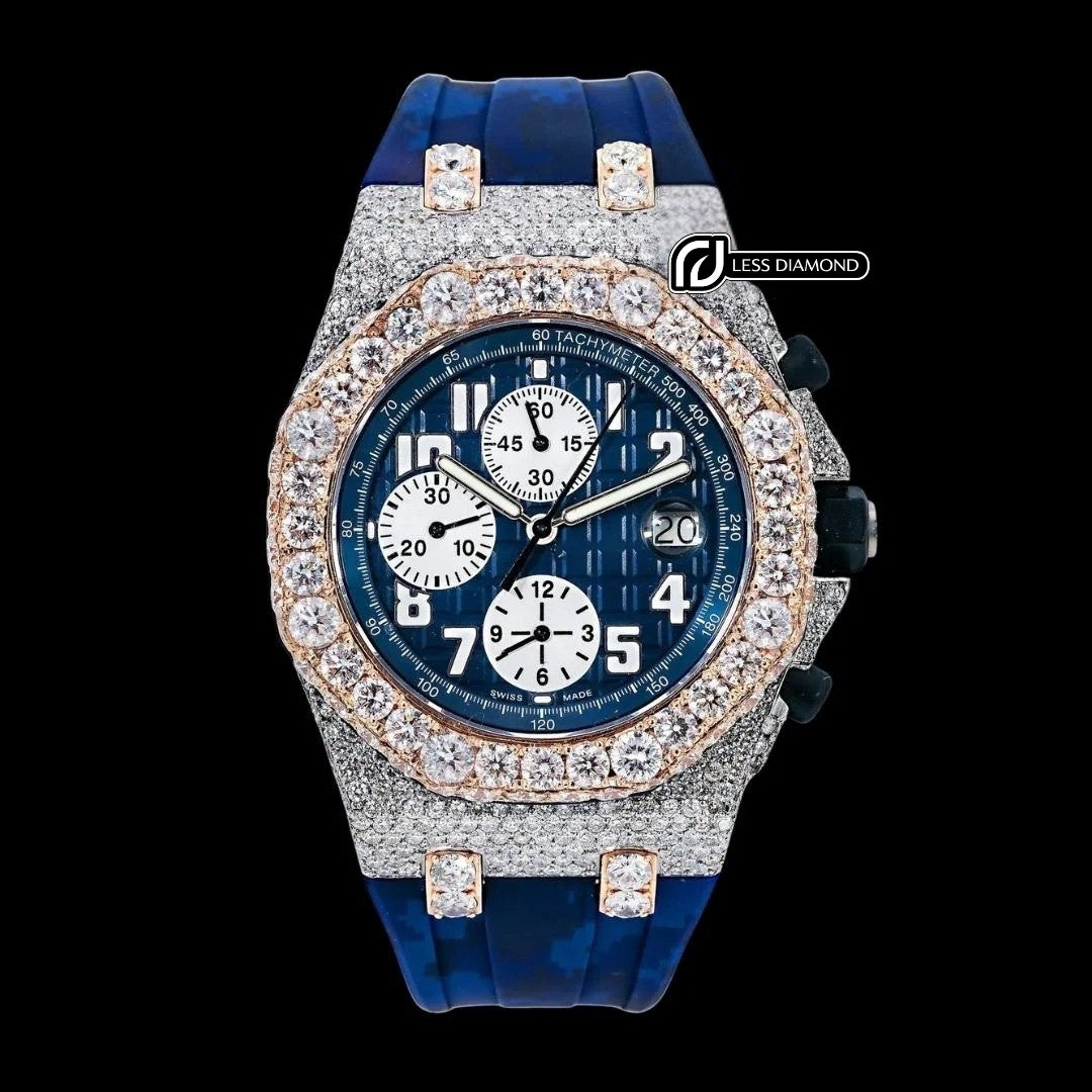 Royal Oak Offshore AP Chronograph Blue Dial Blue Camo Rubber Strap Two Tone Semi Iced Out Watch Front View