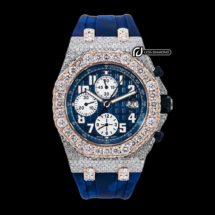 Royal Oak Offshore AP Chronograph Blue Dial Blue Camo Rubber Strap Two Tone Semi Iced Out Watch Front View