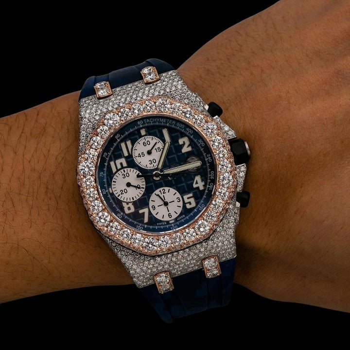 Royal Oak Offshore AP Chronograph Blue Dial Blue Camo Rubber Strap Two Tone Semi Iced Out Watch On Wrist View
