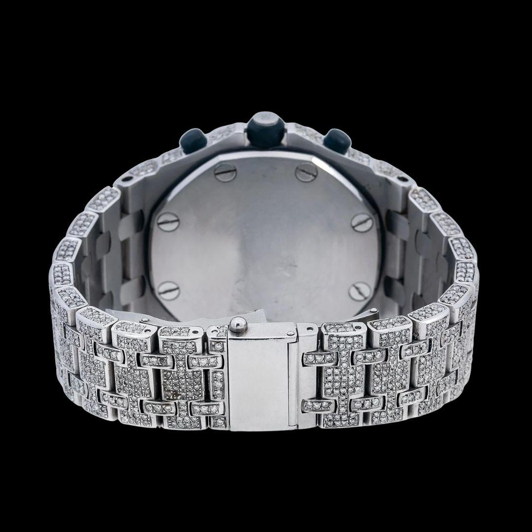 Royal Oak Offshore Chronograph Blue Dial Diamond Bezel Fully Iced Out Moissanite Watch Caseback View