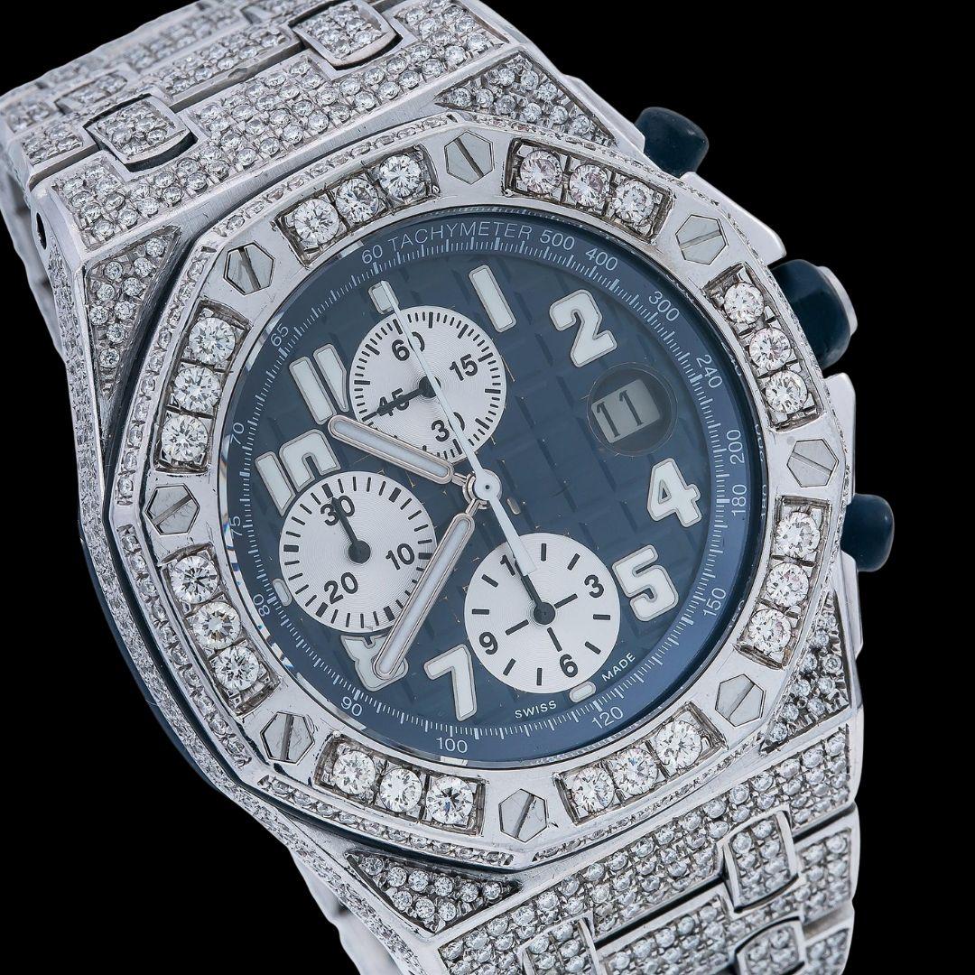 Royal Oak Offshore Chronograph Blue Dial Diamond Bezel Fully Iced Out Moissanite Watch Close Up Dial View