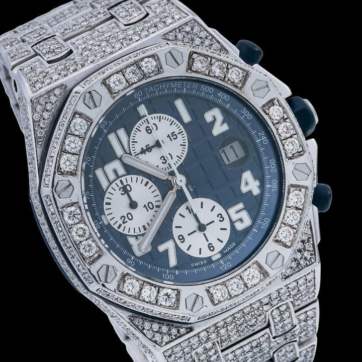 Royal Oak Offshore Chronograph Blue Dial Diamond Bezel Fully Iced Out Moissanite Watch Close Up Dial View