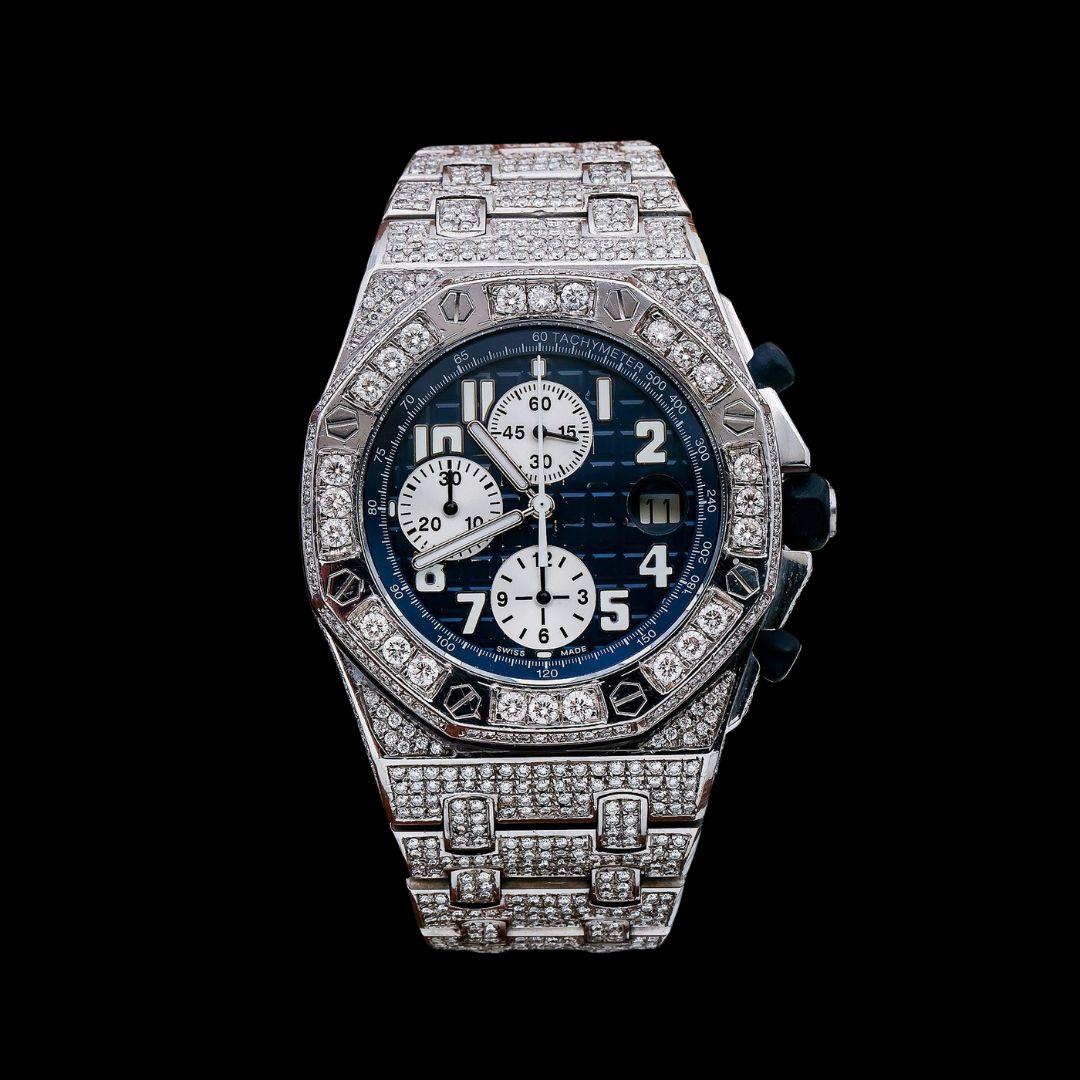 Royal Oak Offshore Chronograph Blue Dial Diamond Bezel Fully Iced Out Moissanite Watch Close Up Front View