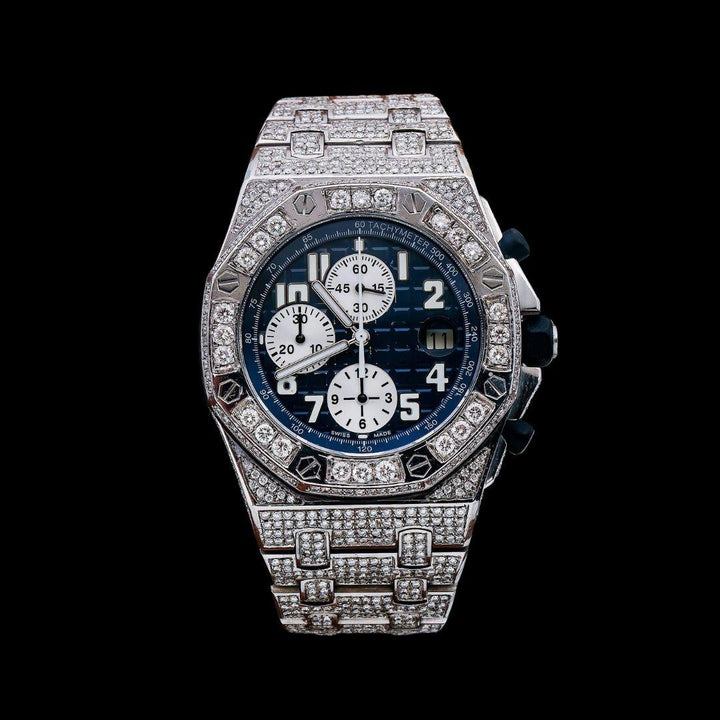 Royal Oak Offshore Chronograph Blue Dial Diamond Bezel Fully Iced Out Moissanite Watch Close Up Front View