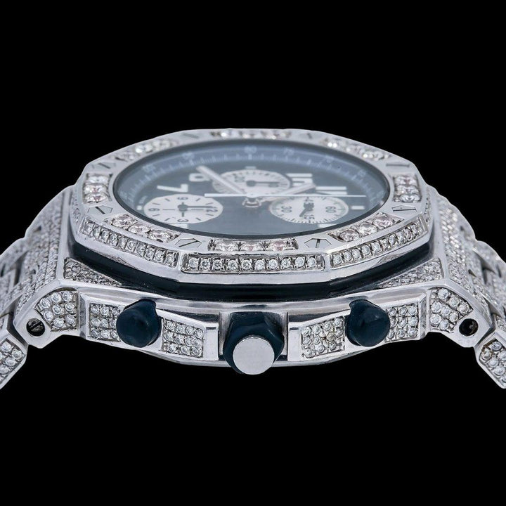 Royal Oak Offshore Chronograph Blue Dial Diamond Bezel Fully Iced Out Moissanite Watch Crown View