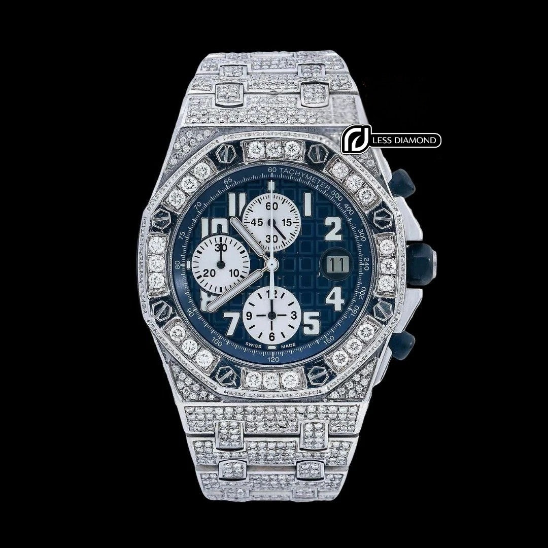 Royal Oak Offshore Chronograph Blue Dial Diamond Bezel Fully Iced Out Moissanite Watch Front View