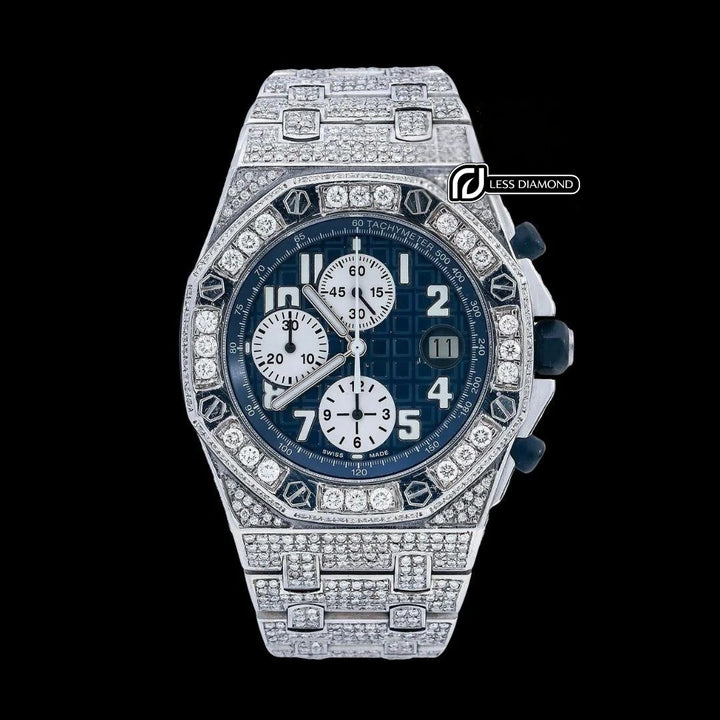 Royal Oak Offshore Chronograph Blue Dial Diamond Bezel Fully Iced Out Moissanite Watch Front View