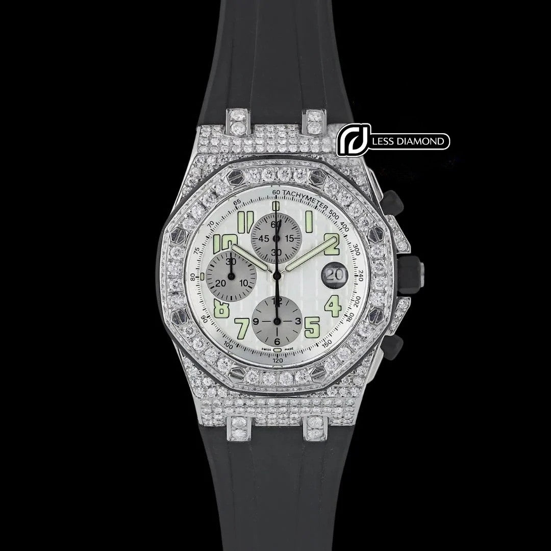 Royal Oak Offshore White Chronograph Dial Semi Iced Out Black Rubber Strap Watch Front View