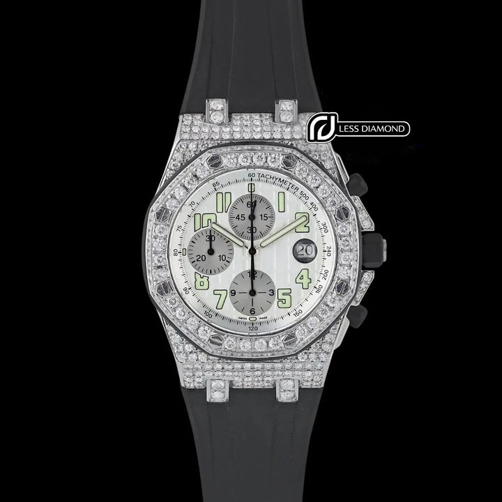 Royal Oak Offshore White Chronograph Dial Semi Iced Out Black Rubber Strap Watch Front View