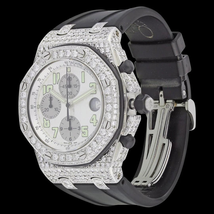 Royal Oak Offshore White Chronograph Dial Semi Iced Out Black Rubber Strap Watch Left Profile View