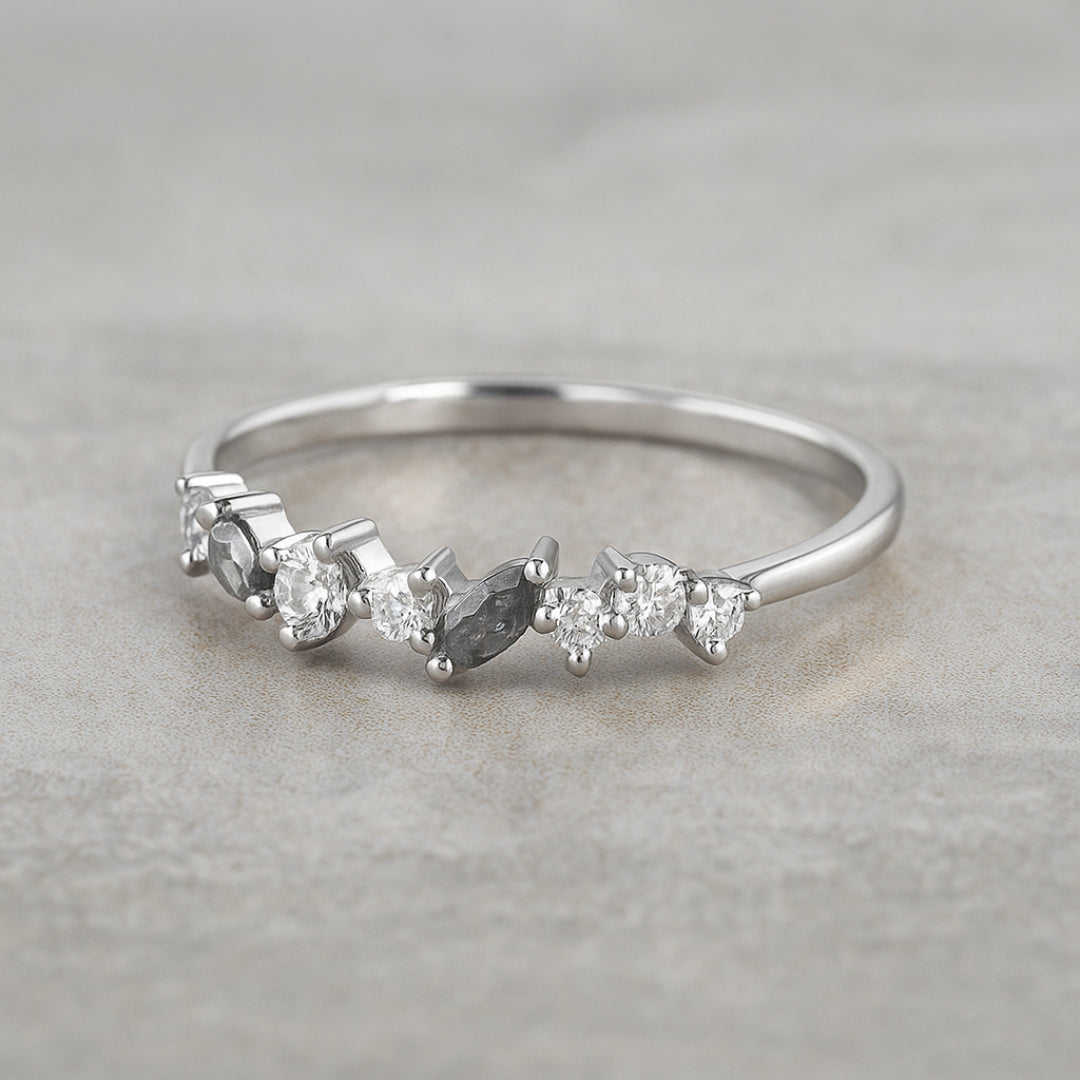 Salt and Pepper Marquise & Round Diamond Modern Cluster Band