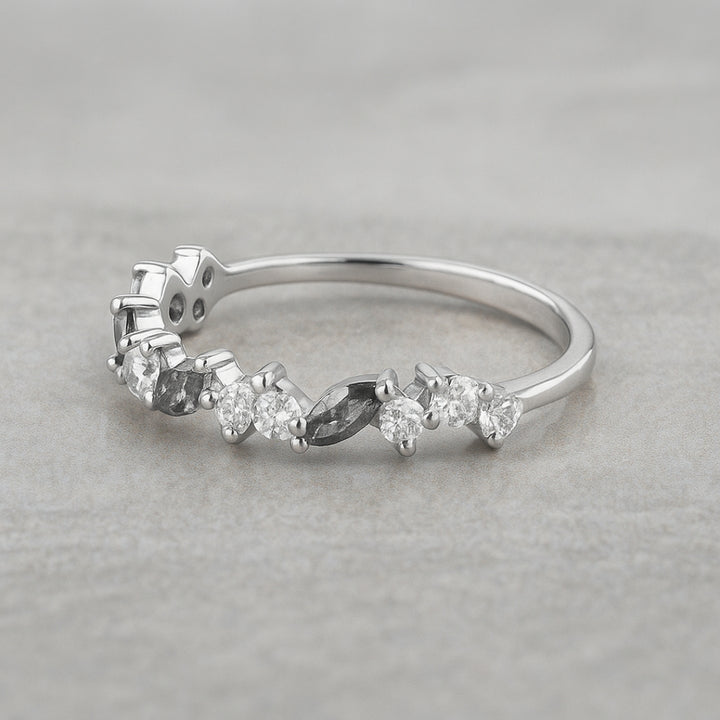 Salt and Pepper Marquise & Round Diamond Modern Cluster Band