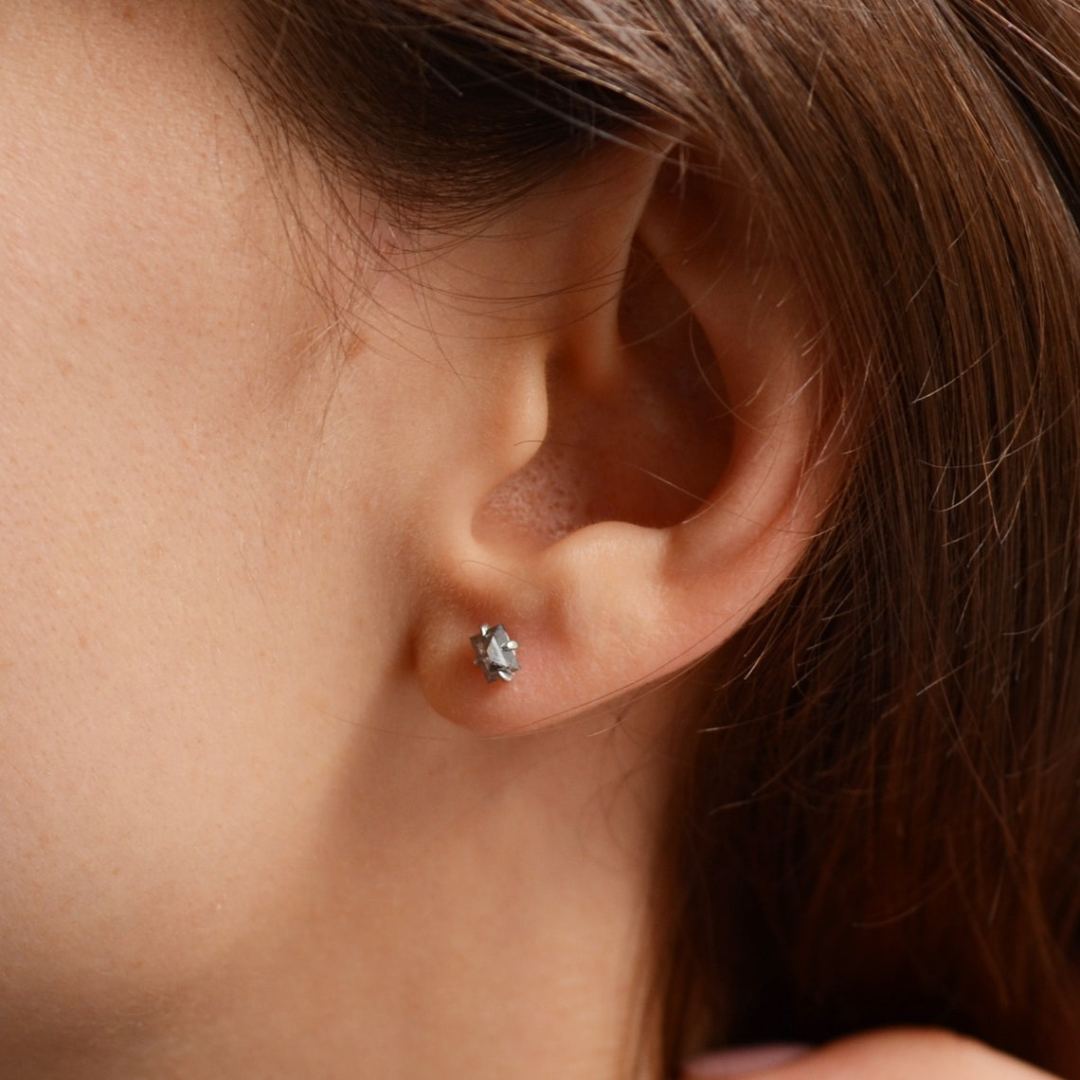 Natural Salt and Pepper 1.60 CT Baguette Diamond Stud Earring