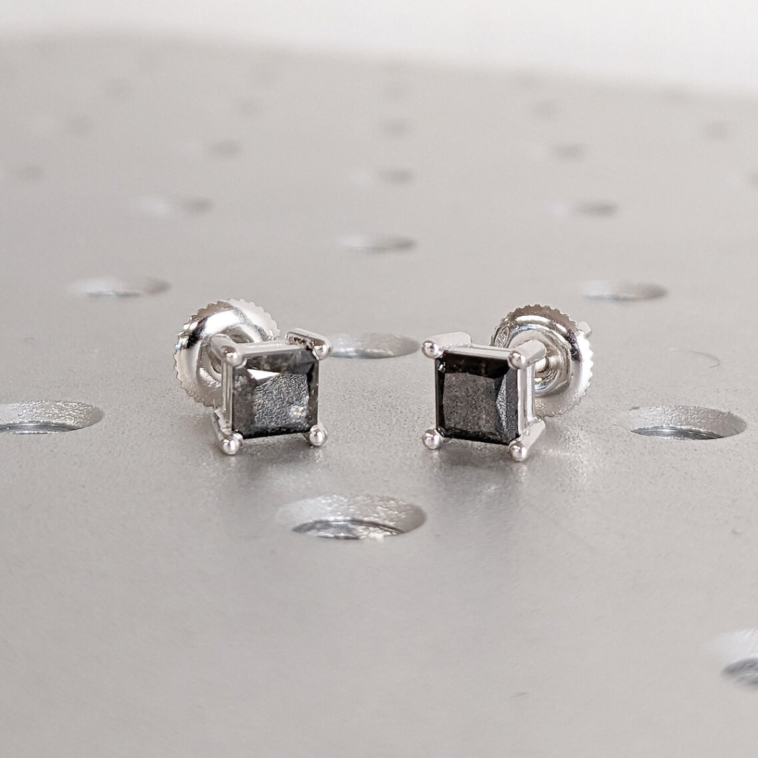 Natural Salt And Pepper 1.70 CT Princess Diamond Stud Earring