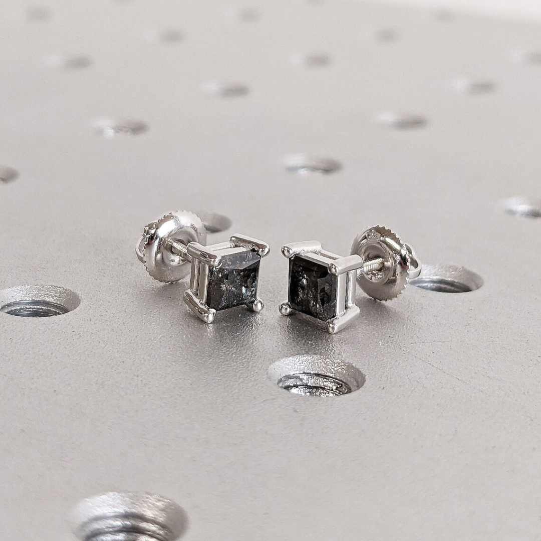 Natural Salt And Pepper 1.70 CT Princess Diamond Stud Earring