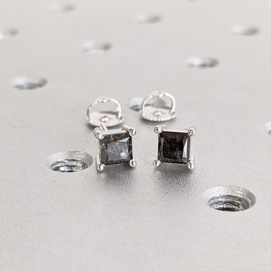 Natural Salt And Pepper 1.70 CT Princess Diamond Stud Earring