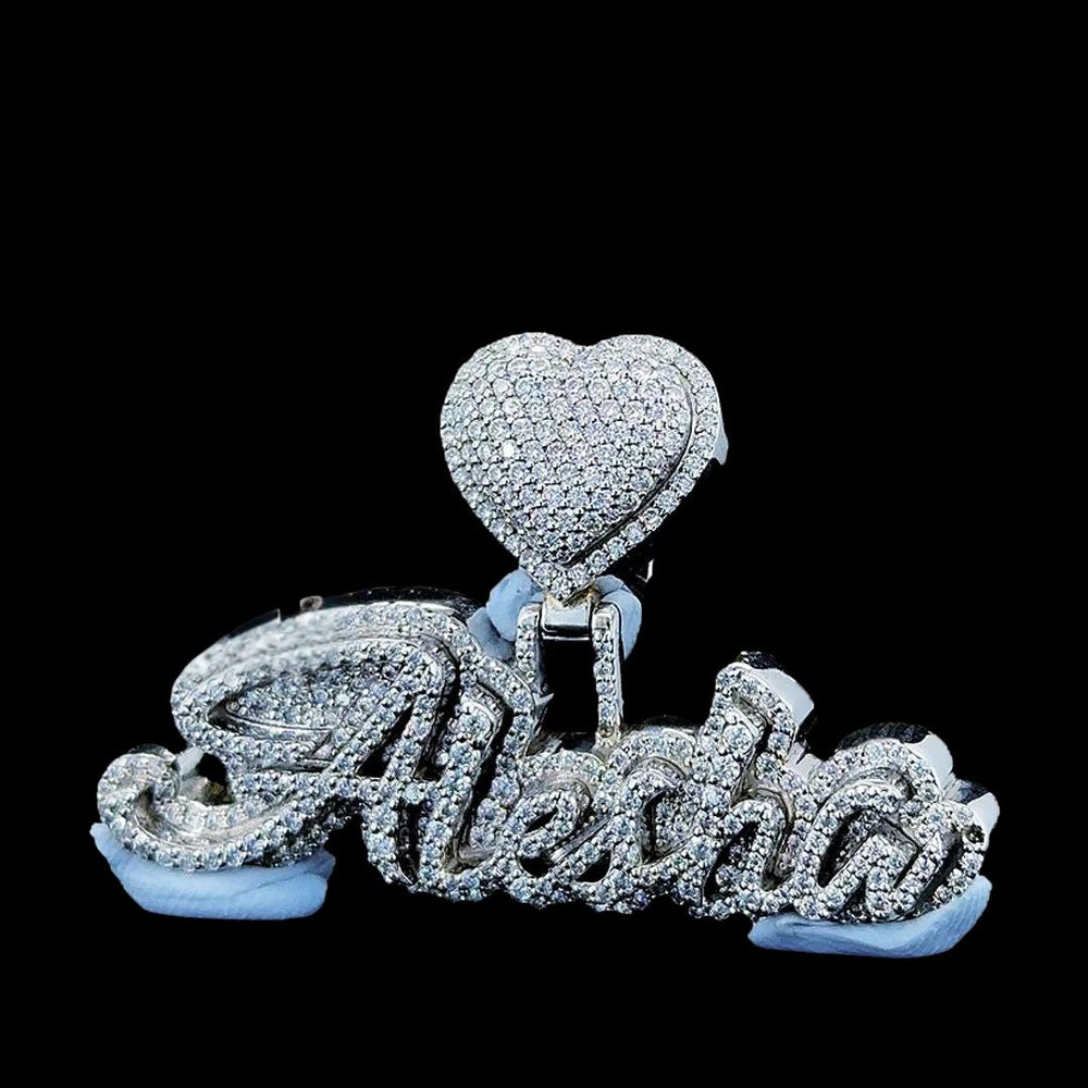 Shimmering Heart Name Moissanite Pendant in 925 Sterling Silver Close Up Front View