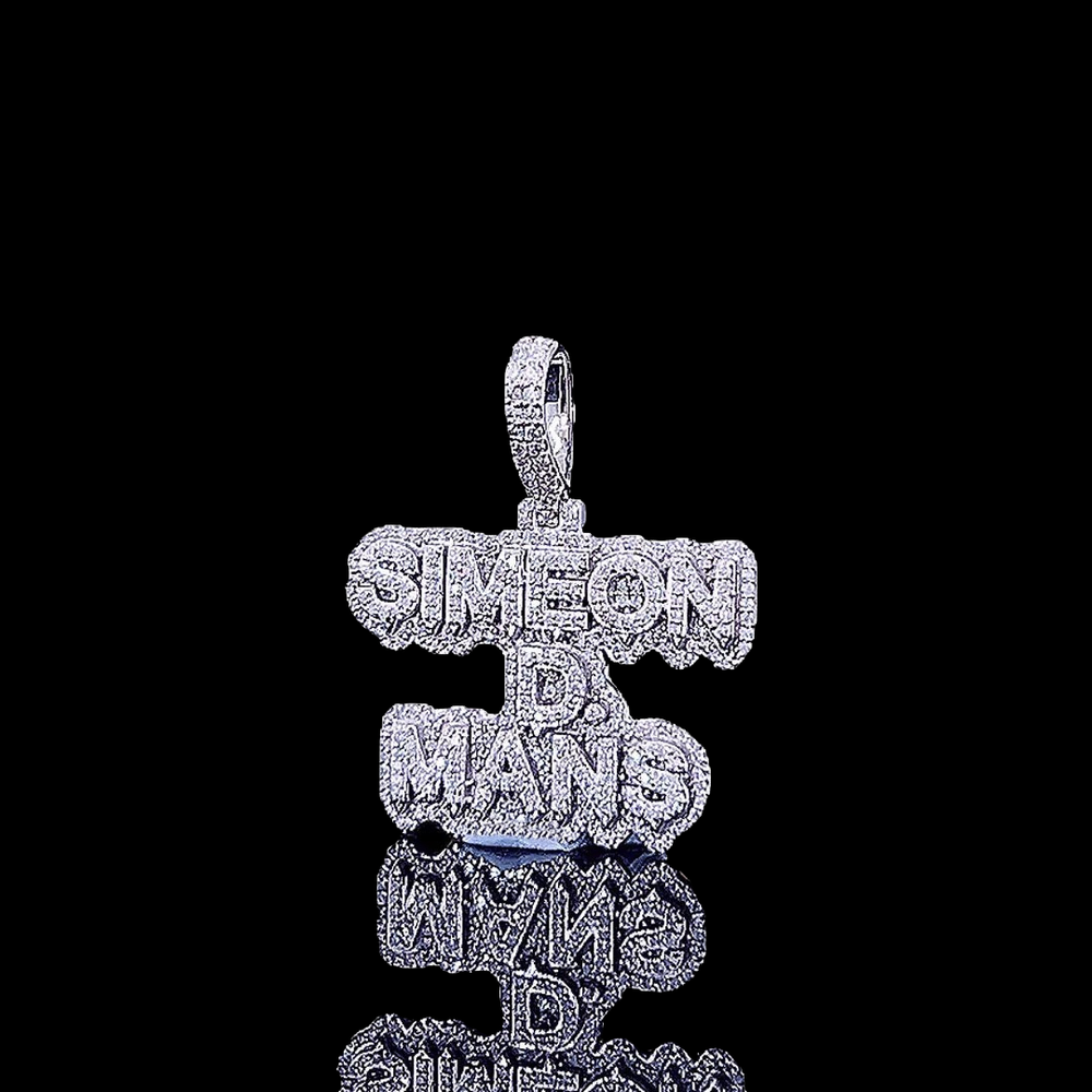 Simeon D-Mans Moissanite Script Pendant in 925 Sterling Silver Close Up Front View