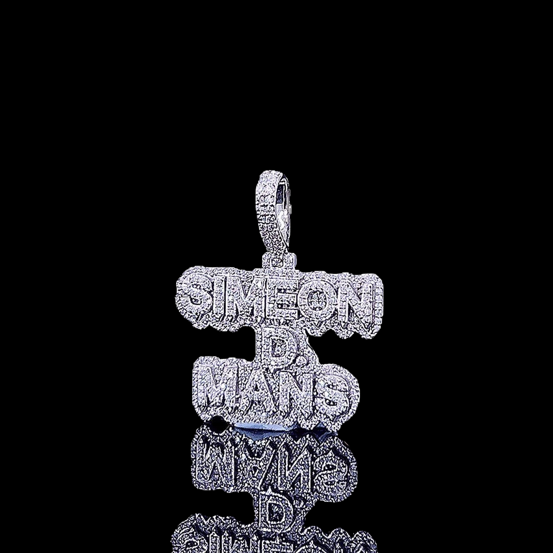 Simeon D-Mans Moissanite Script Pendant in 925 Sterling Silver Close Up Front View
