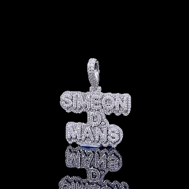 Simeon D-Mans Moissanite Script Pendant in 925 Sterling Silver Close Up Front View