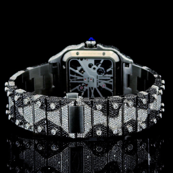Skeleton Dial Cartier Two Tone Black Camo Iced Out Bracelet Moissanite Watch Caseback View