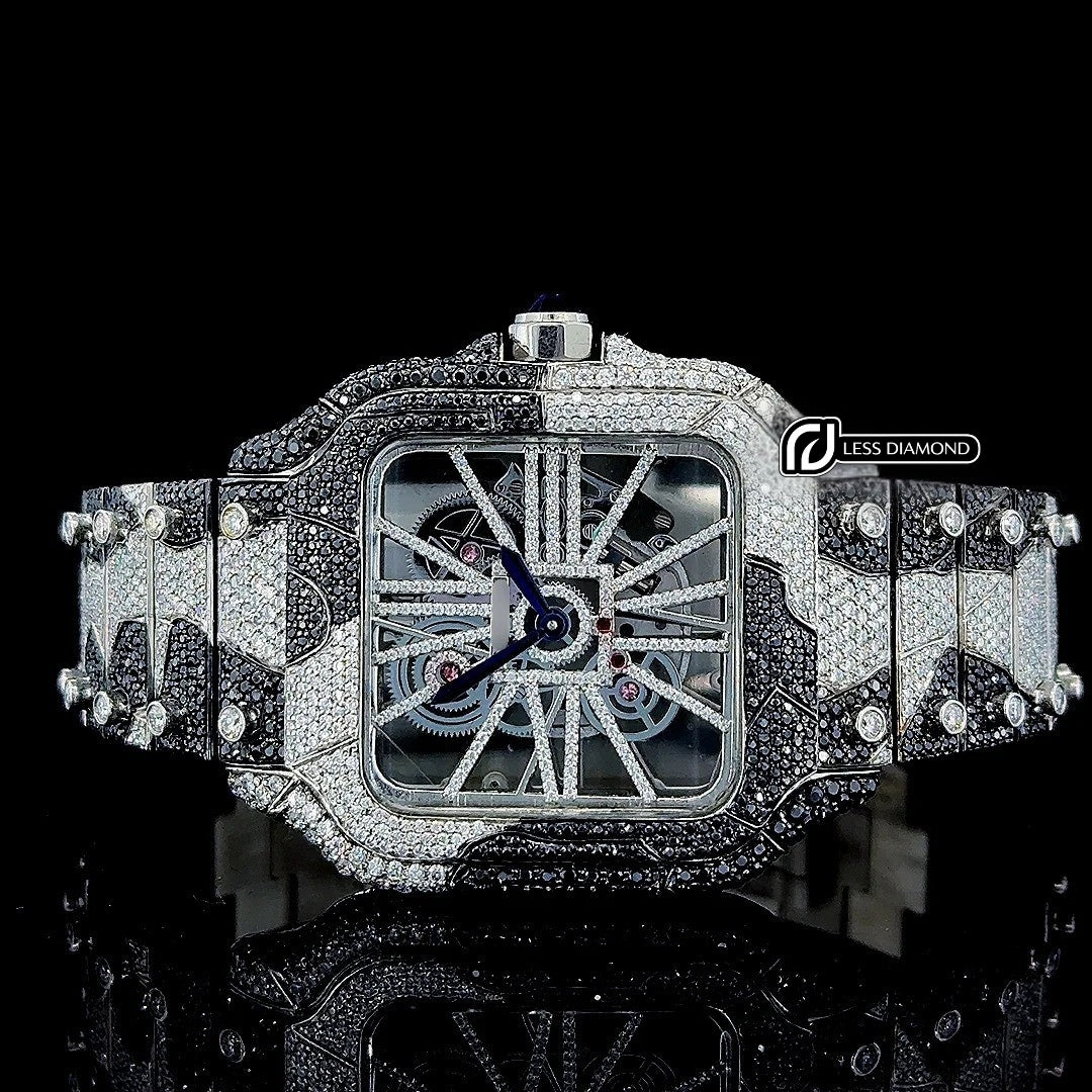 Skeleton Dial Cartier Two Tone Black Camo Iced Out Bracelet Moissanite Watch Front View