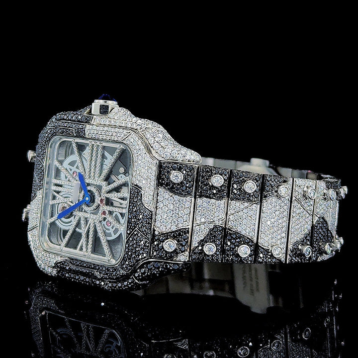 Skeleton Dial Cartier Two Tone Black Camo Iced Out Bracelet Moissanite Watch Left Profile View