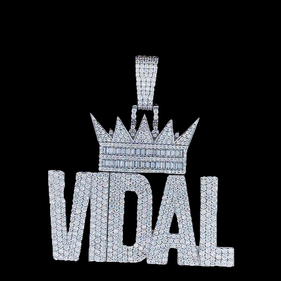 Vidal Royal Moissanite Crown Letter Pendant in 925 Sterling Silver Close Up Front View