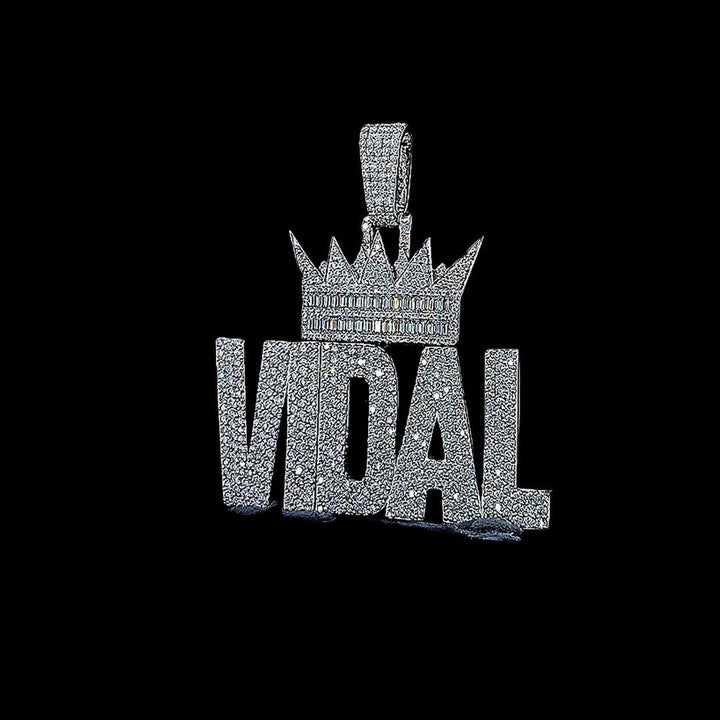 Vidal Royal Moissanite Crown Letter Pendant in 925 Sterling Silver Full Close Up Front View