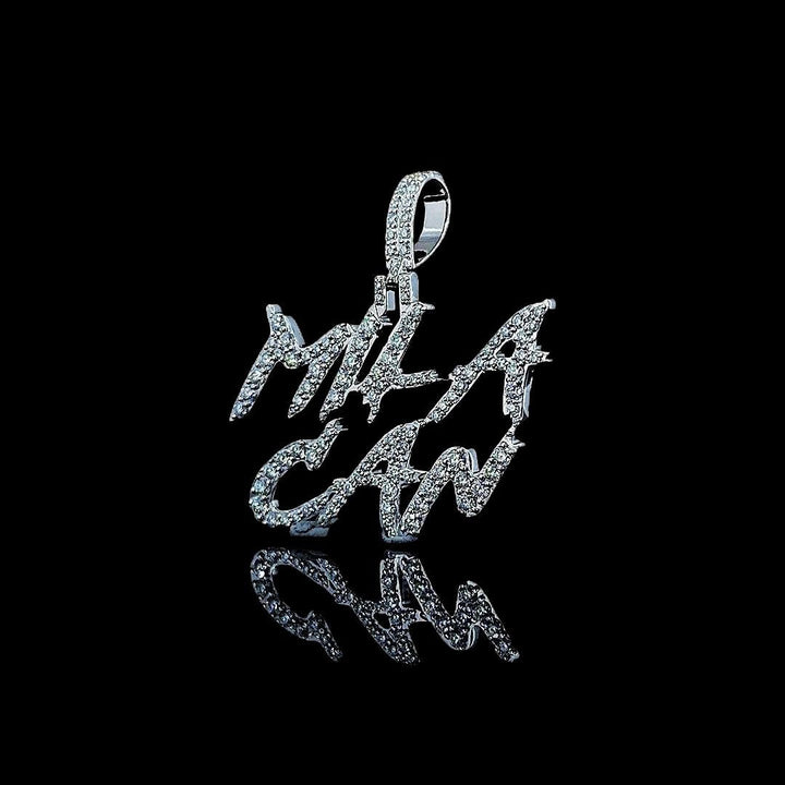 Warrior Script Moissanite Letter Pendant in 925 Sterling Silver Close Up Front View