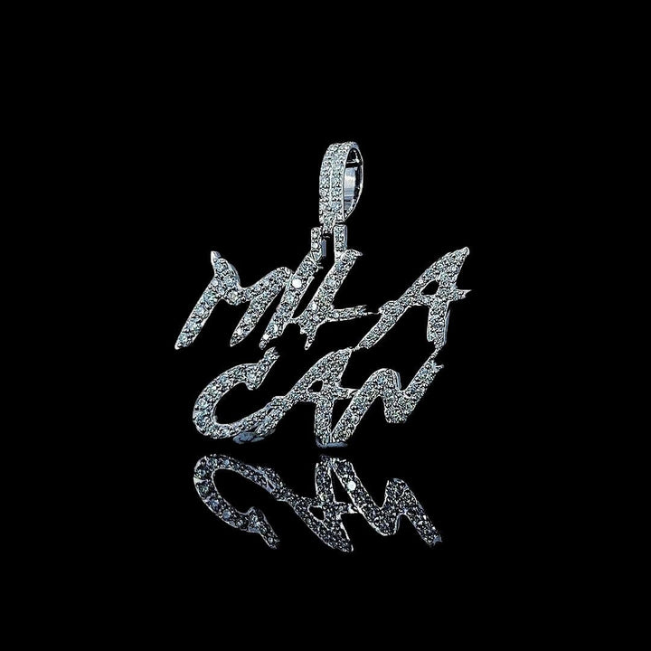 Warrior Script Moissanite Letter Pendant in 925 Sterling Silver Full Close Up Front View