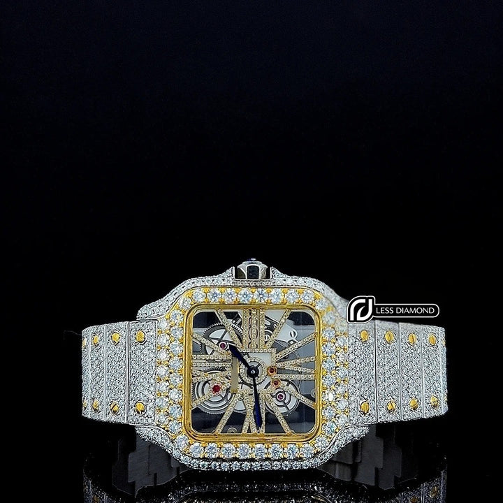 Cartier Skeleton Dial Two Tone Yellow Gold Fully Iced Out Moissanite Watch