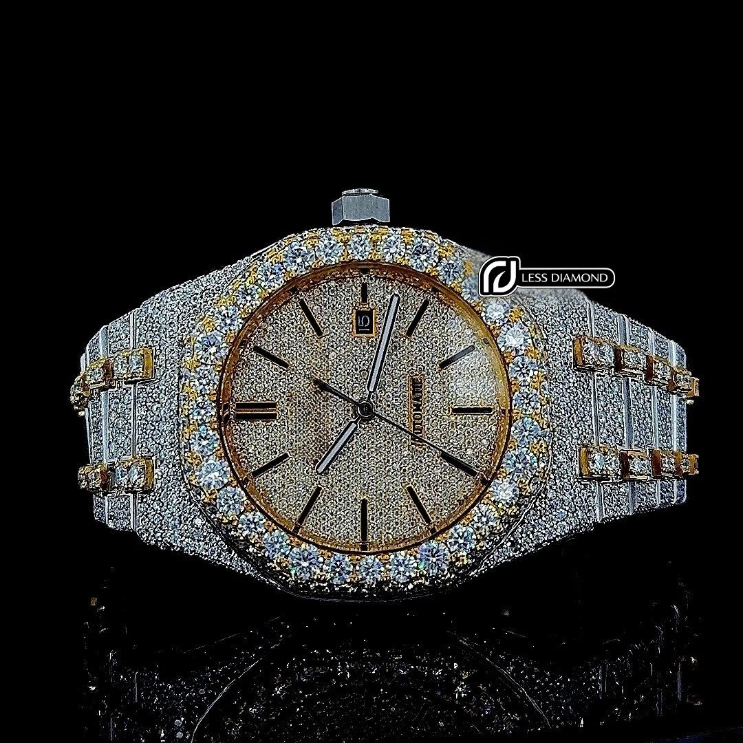 AP Black Stick Markers Dial Two Tone Yellow Gold Fully Iced Out Moissanite Watch