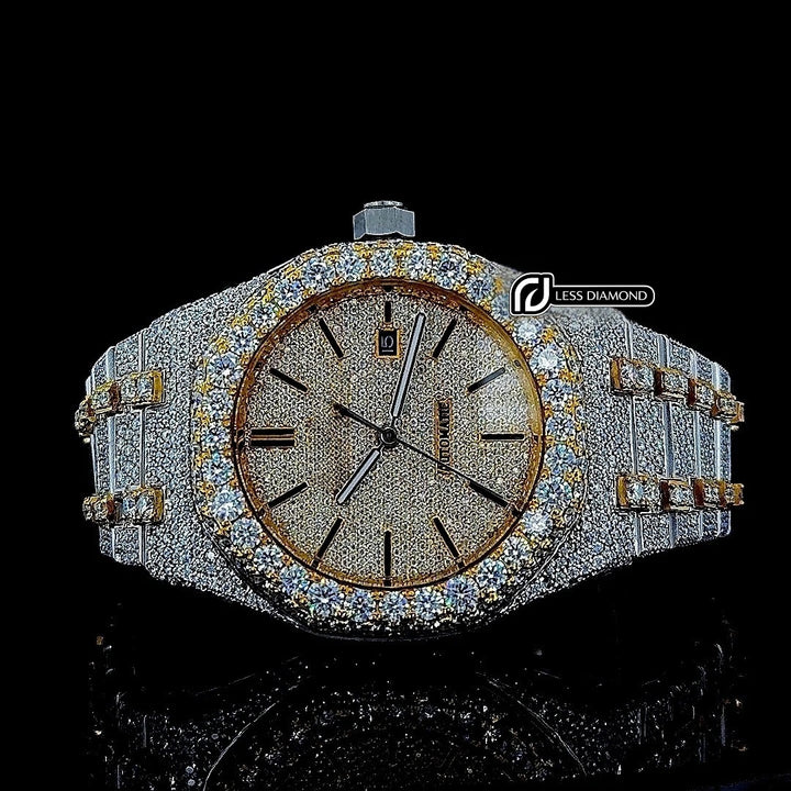 AP Black Stick Markers Dial Two Tone Yellow Gold Fully Iced Out Moissanite Watch