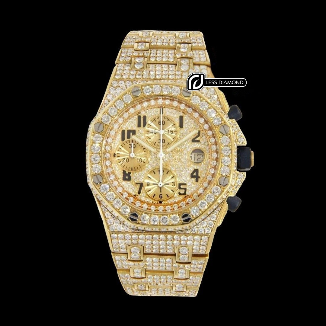 AP Royal Oak Offshore Standard Numerals Chronograph Dial Fully Iced Out Yellow Gold Moissanite Watch