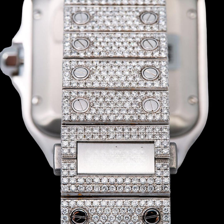 White Dial Cartier Santos Black Roman Numerals Fully Iced Out Moissanite Watch Bracelet View