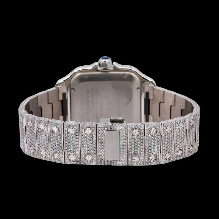 White Dial Cartier Santos Black Roman Numerals Fully Iced Out Moissanite Watch Caseback View