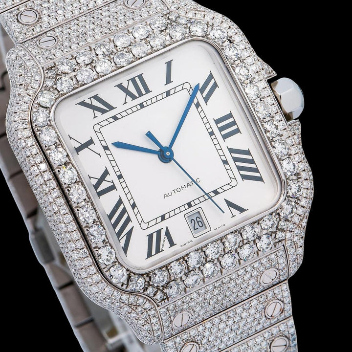 White Dial Cartier Santos Black Roman Numerals Fully Iced Out Moissanite Watch Close Up Dial View