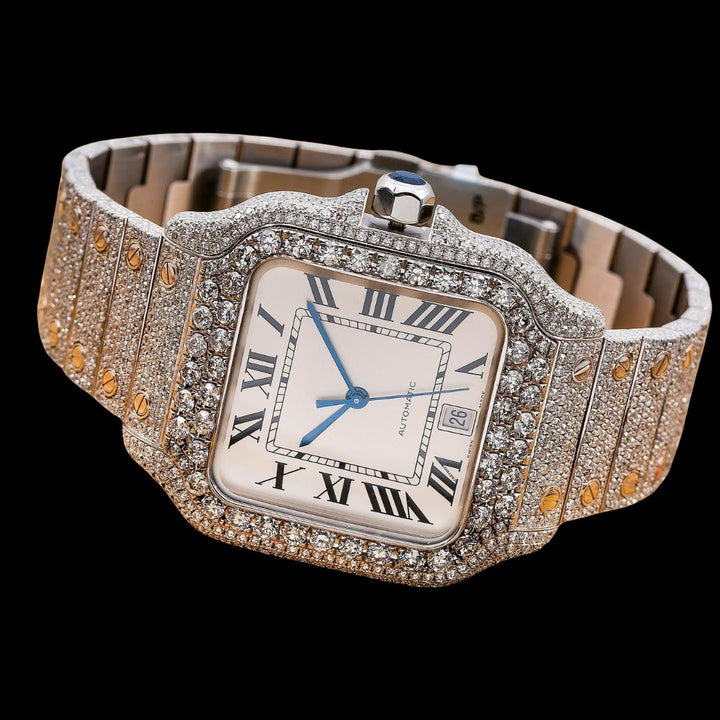 White Dial Cartier Santos Black Roman Numerals Fully Iced Out Moissanite Watch Close Up Front View