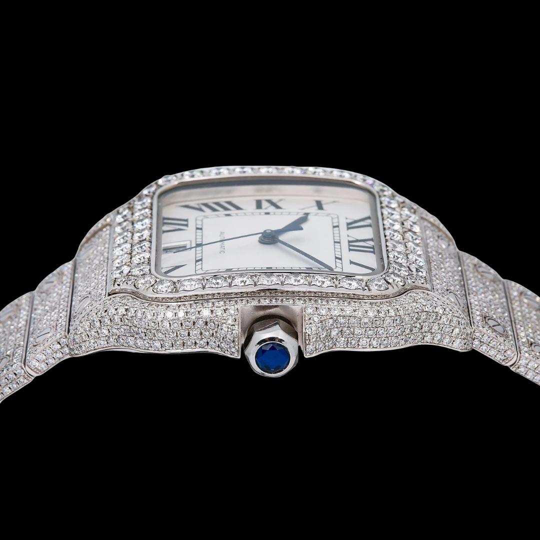 White Dial Cartier Santos Black Roman Numerals Fully Iced Out Moissanite Watch Crown View